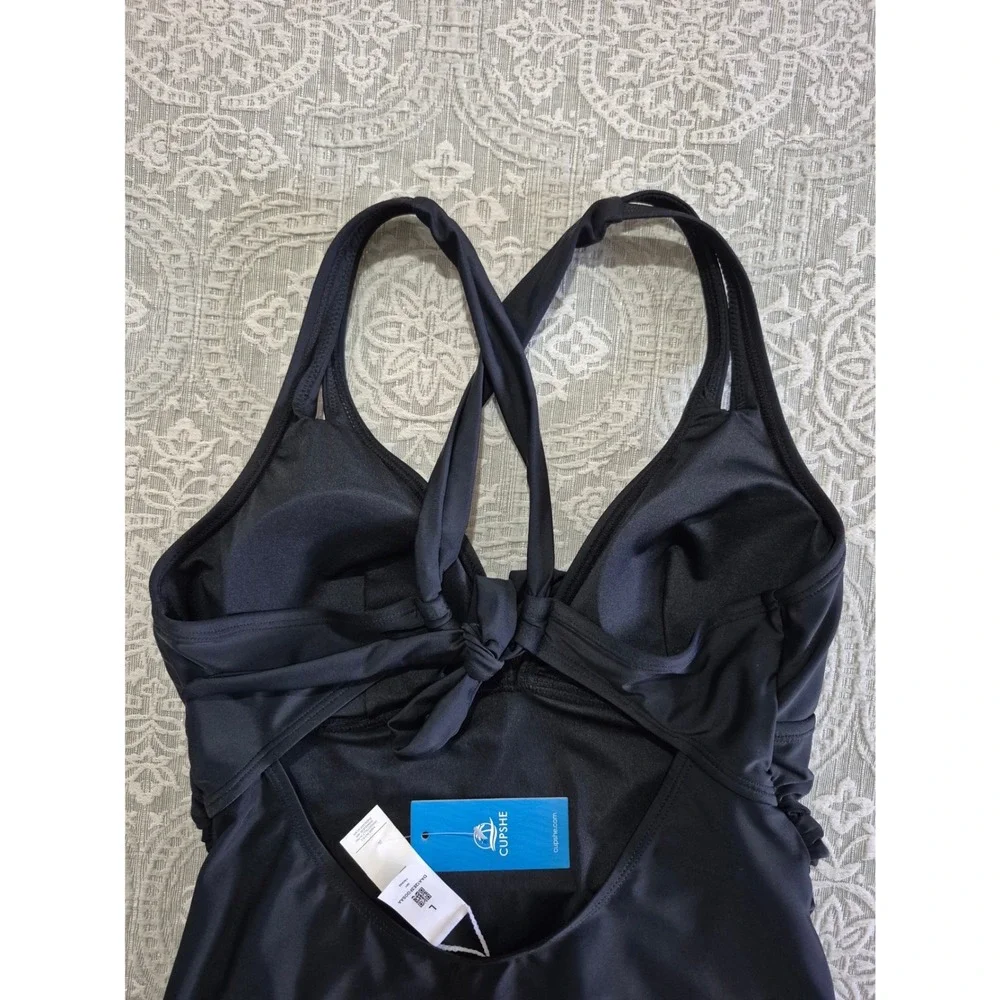 Cupshe Black Ruched One Piece Swimsuit V-Neck Tie Back Size L DAA12E3F005AA - Picture 8 of 10
